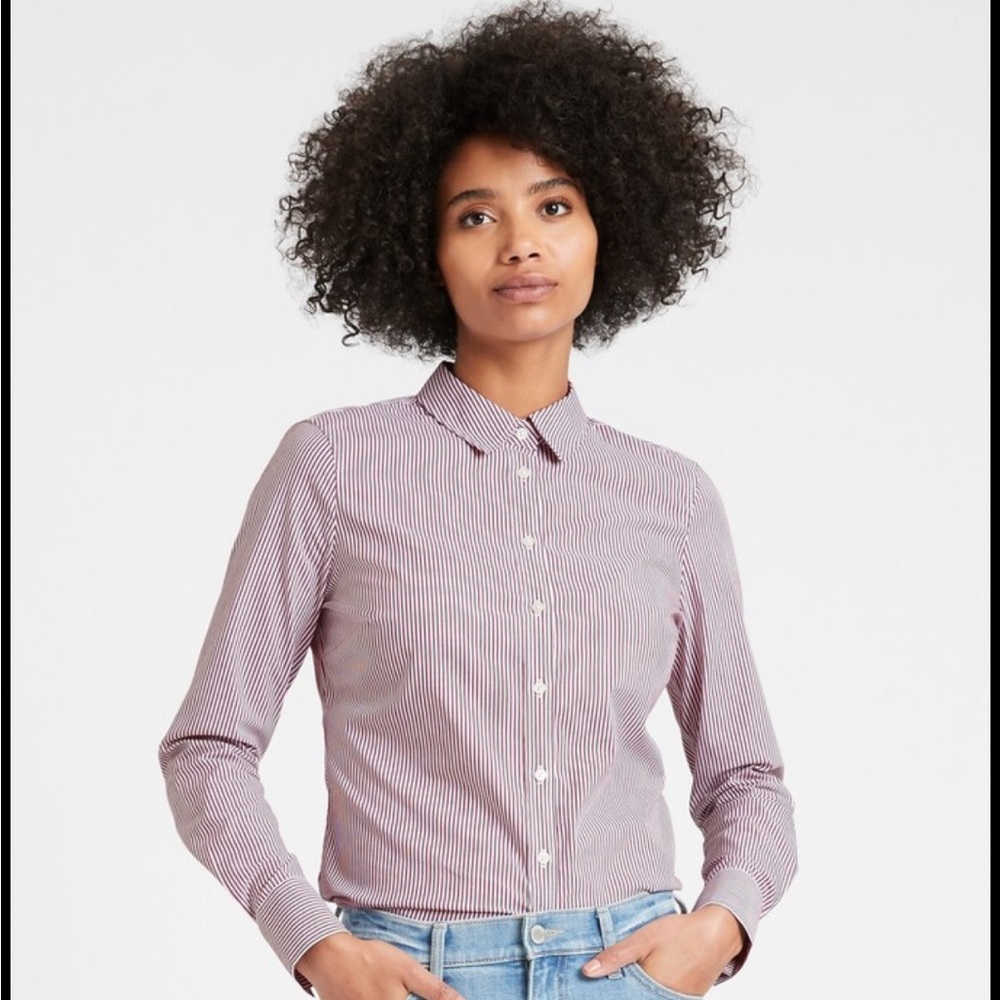Banana Republic Women's Maroon Striped Riley Tailored-Fit Shirt Size 6 Tall